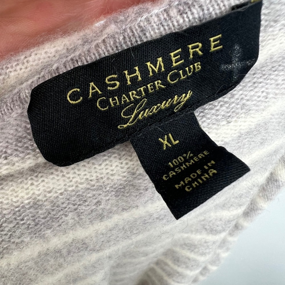Charter Club 100% Cashmere Gray Striped Zip Front Hoodie Sweater Cardigan Sz XL - Picture 5 of 6
